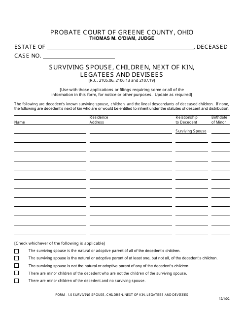 Form 1.0 Surviving Spouse, Children, Next of Kin, Legatees and Devisees - Greene County, Ohio