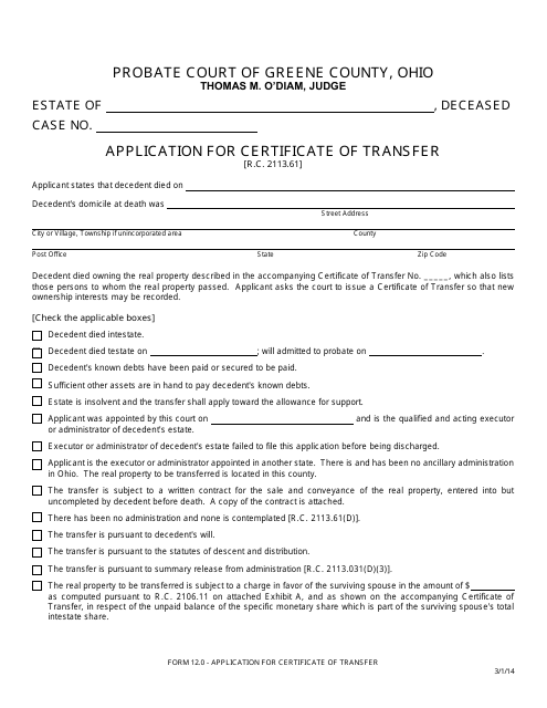Form 12.0 Application for Certificate of Transfer - Greene County, Ohio