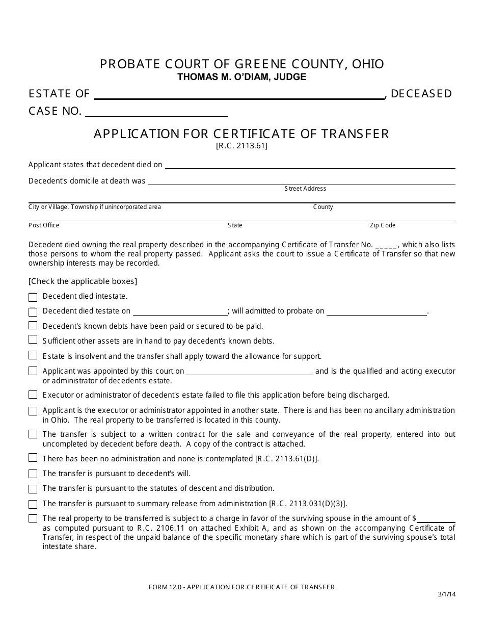 Form 12.0 Application for Certificate of Transfer - Greene County, Ohio, Page 1