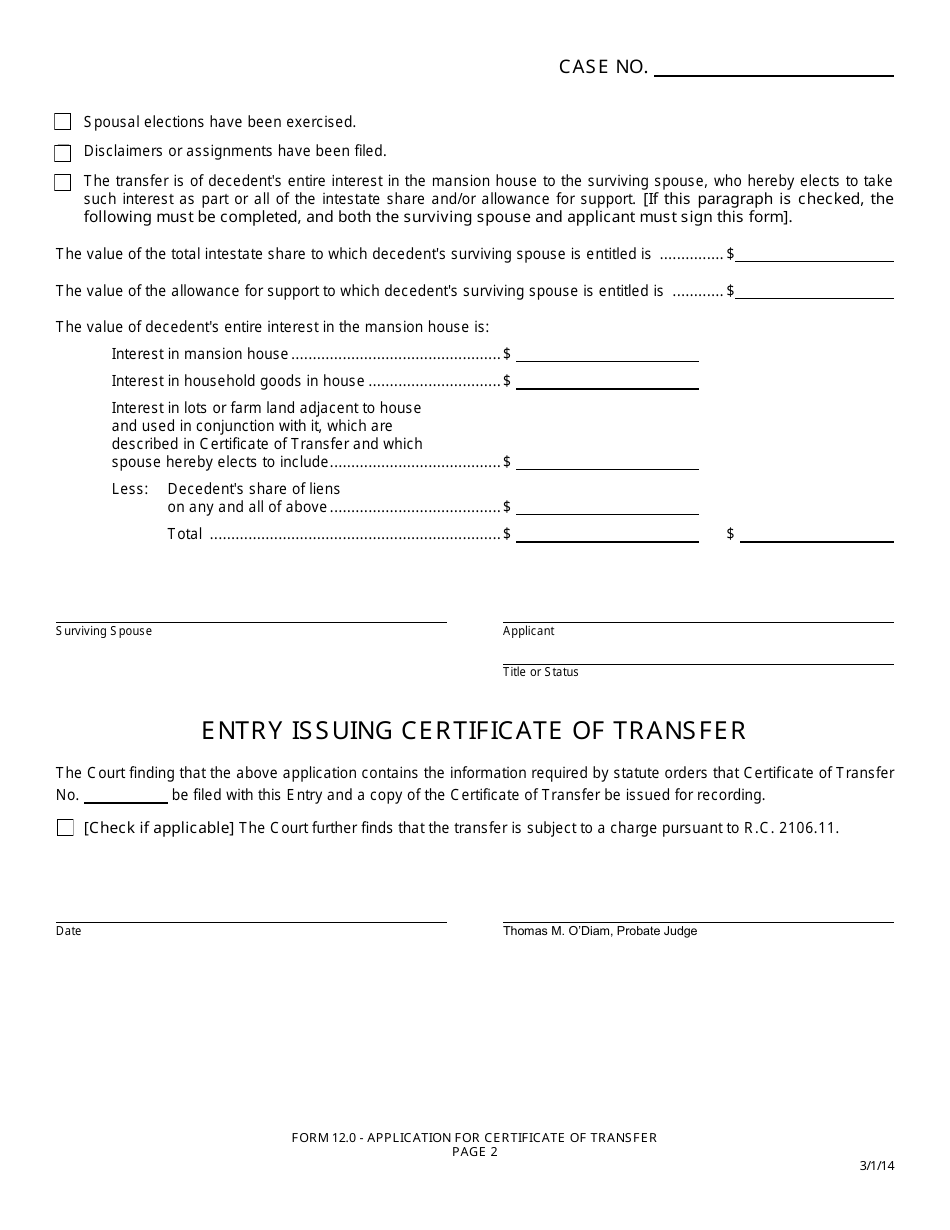 Form 12.0 Application for Certificate of Transfer - Greene County, Ohio, Page 2