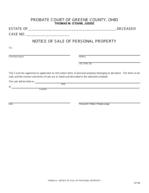 Form 9.2 Notice of Sale of Personal Property - Greene County, Ohio