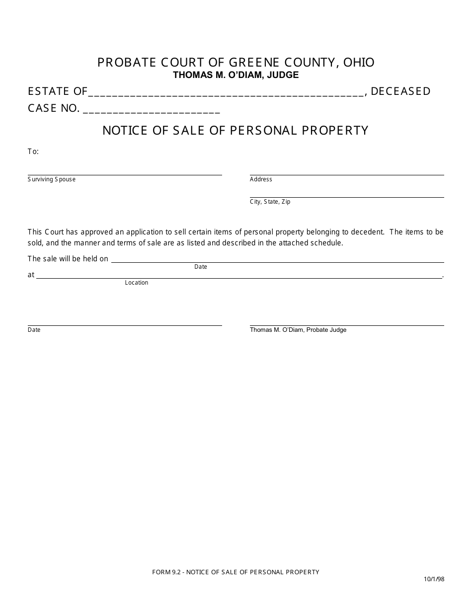 Form 9.2 Notice of Sale of Personal Property - Greene County, Ohio, Page 1