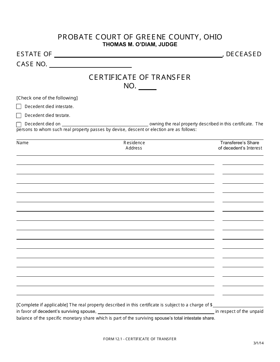 Form 12.1 Certificate of Transfer - Greene County, Ohio, Page 1