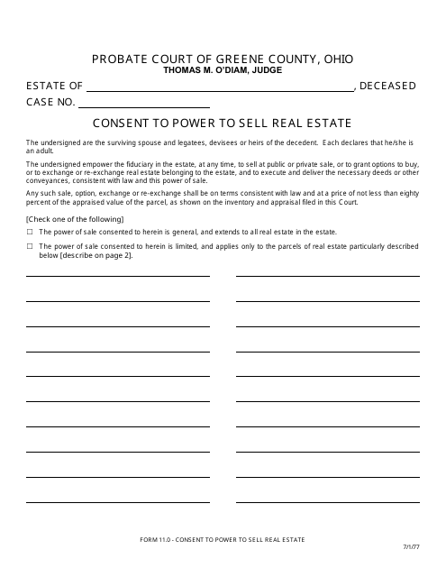 Form 11.0 Consent to Power to Sell Real Estate - Greene County, Ohio