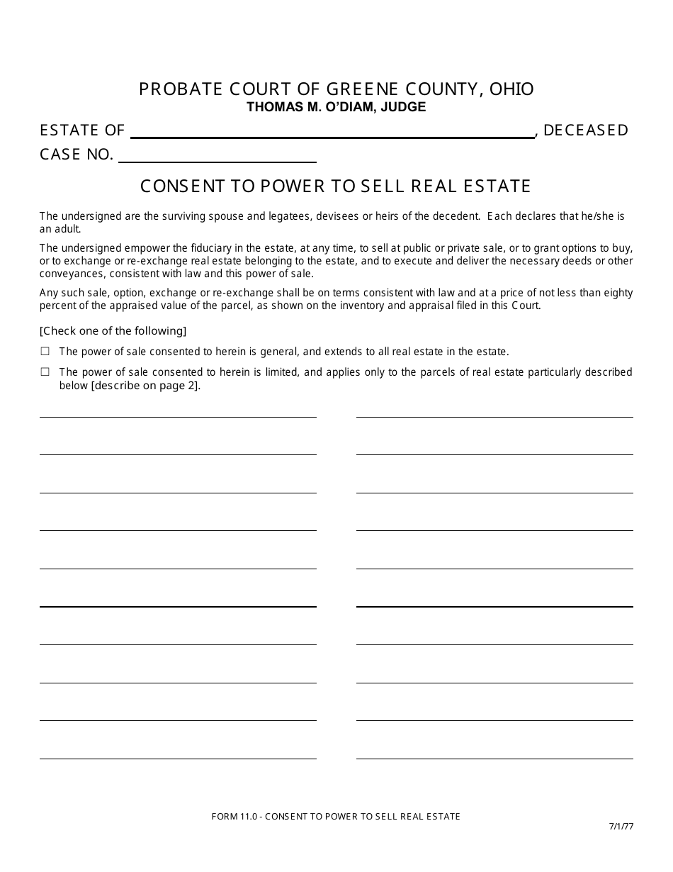 Form 11.0 Consent to Power to Sell Real Estate - Greene County, Ohio, Page 1