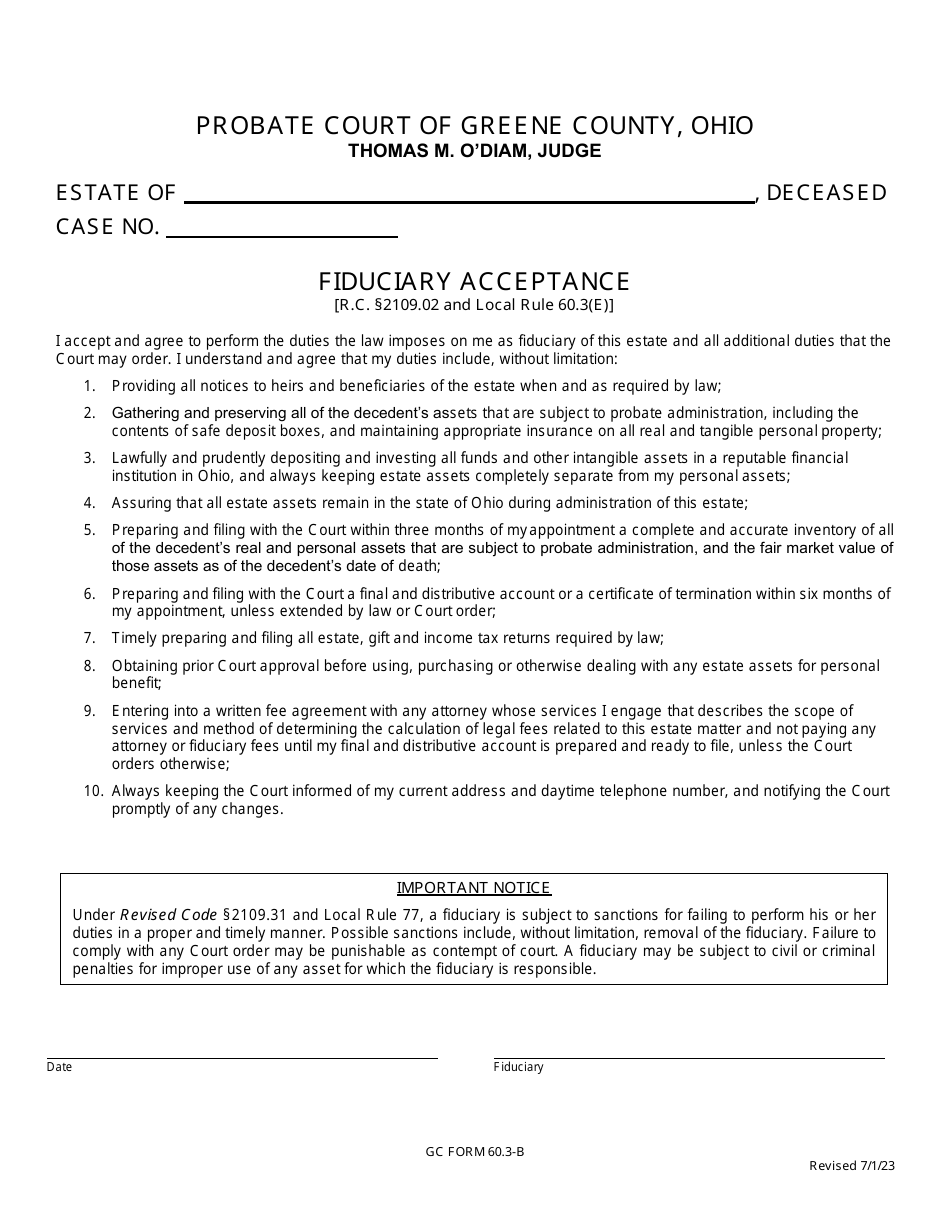 GC Form 60.3-B Fiduciary Acceptance - Greene County, Ohio, Page 1