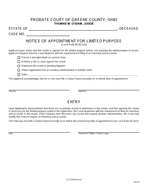 GC Form 60.3-A Notice of Appointment for Limited Purpose - Greene County, Ohio