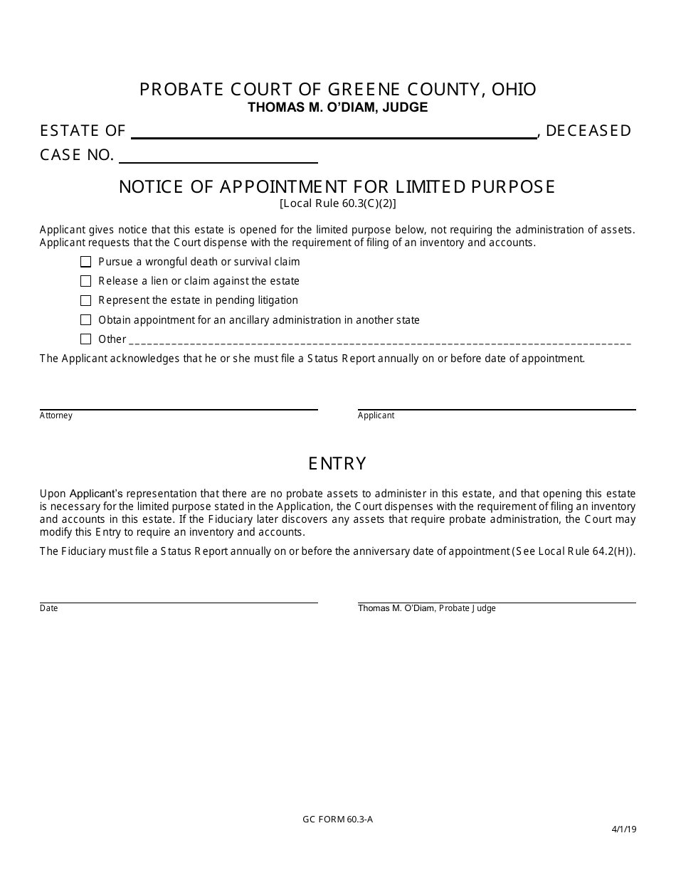 GC Form 60.3-A Notice of Appointment for Limited Purpose - Greene County, Ohio, Page 1