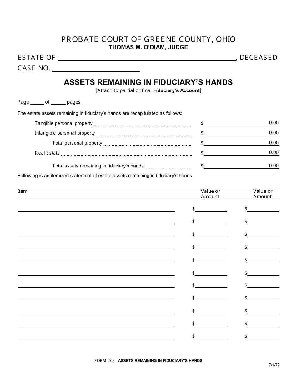Form 13.2 Assets Remaining in Fiduciarys Hands - Greene County, Ohio, Page 1