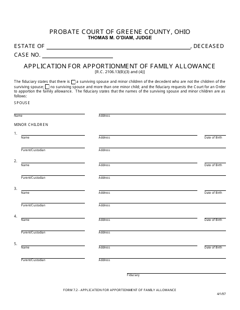 Form 7.2 Application for Apportionment of Family Allowance - Greene County, Ohio