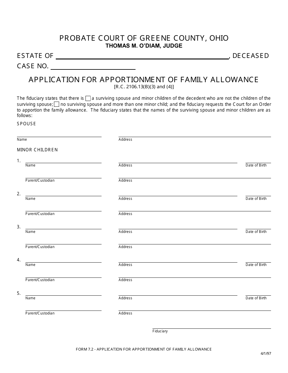 Form 7.2 Application for Apportionment of Family Allowance - Greene County, Ohio, Page 1
