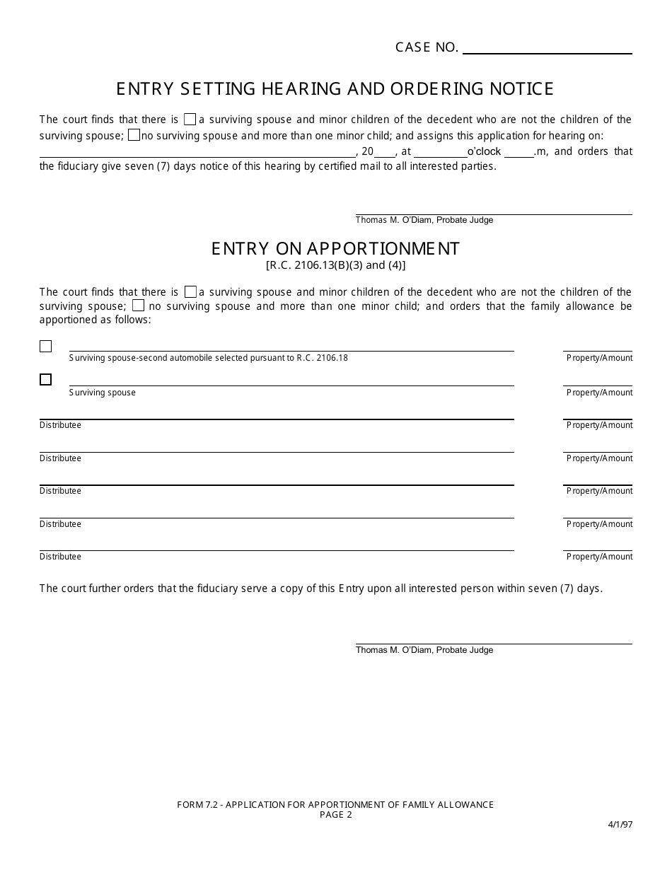 Form 7.2 Application for Apportionment of Family Allowance - Greene County, Ohio, Page 2