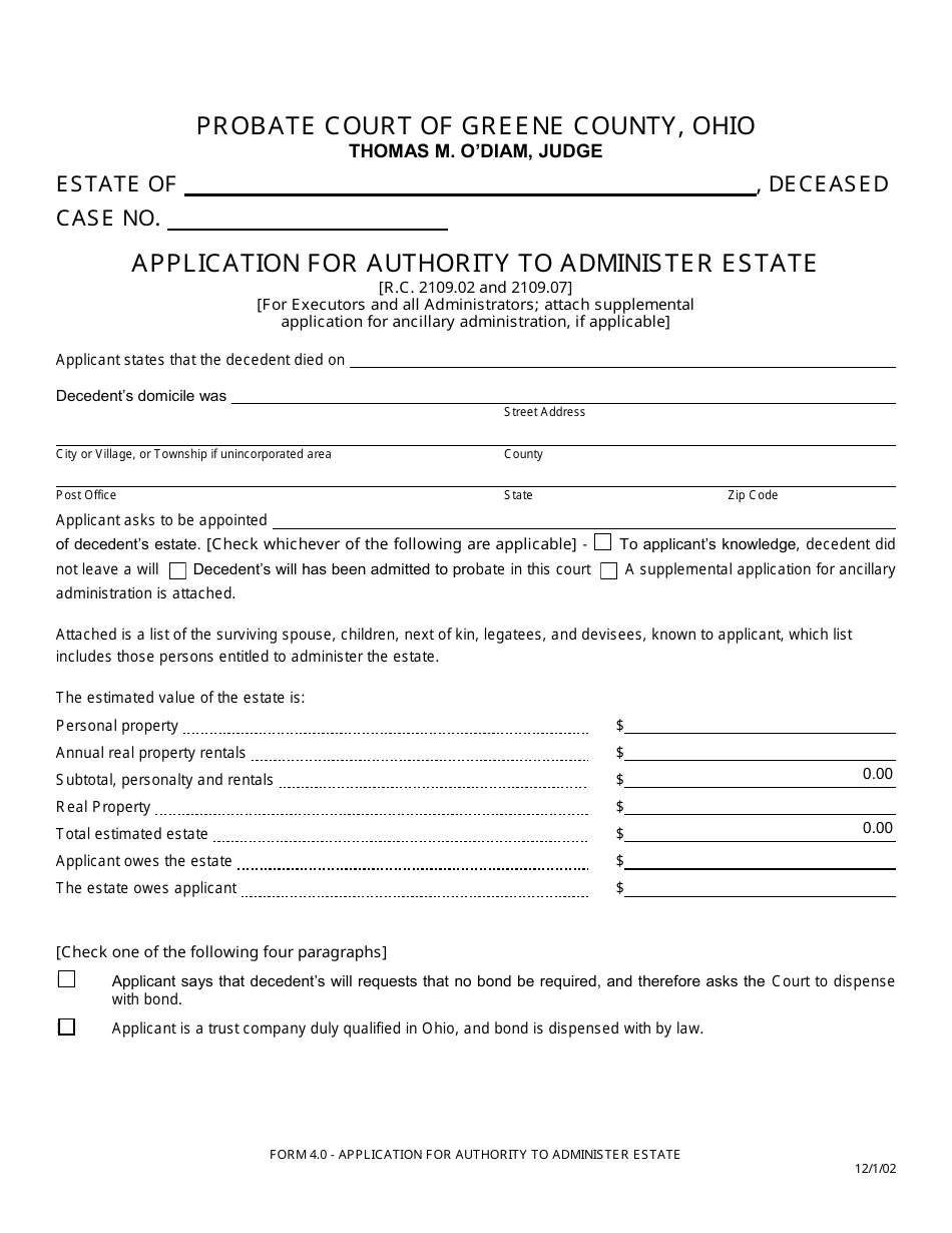 Form 4.0 Application for Authority to Administer Estate - Greene County, Ohio, Page 1