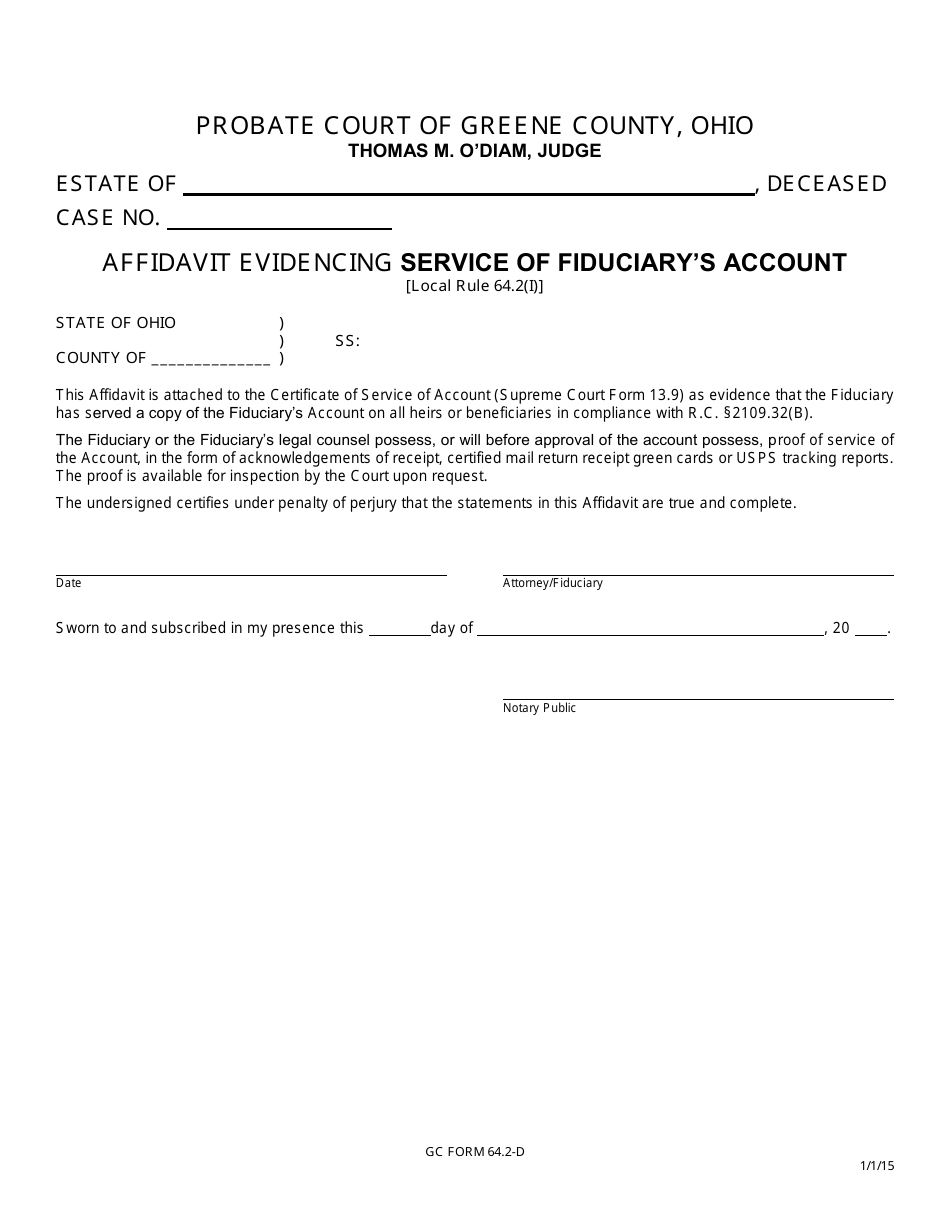 GC Form 64.2-D Affidavit Evidencing Service of Fiduciarys Account - Greene County, Ohio, Page 1