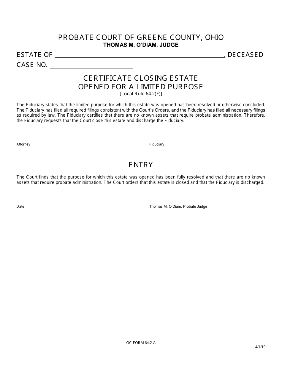 GC Form 64.2-A Certificate Closing Estate Opened for a Limited Purpose - Greene County, Ohio, Page 1