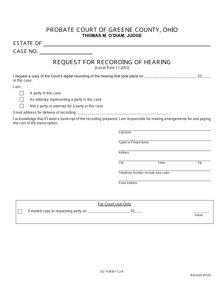 GC Form 11.2-A Request for Recording of Hearing - Estate Administration - Greene County, Ohio, Page 1
