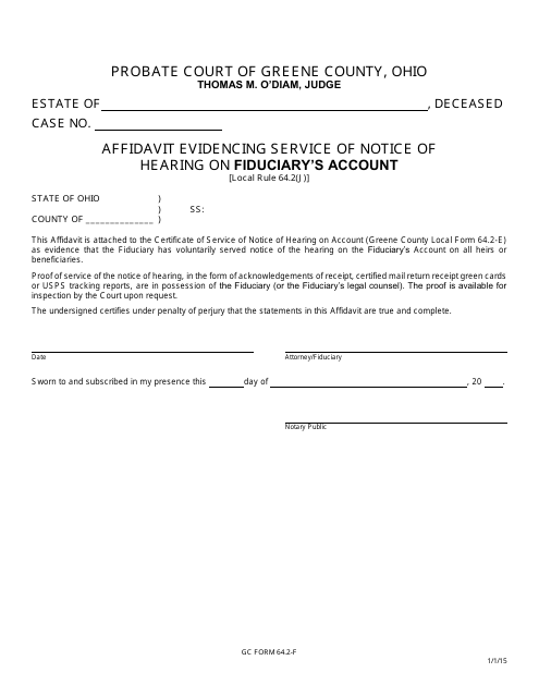 GC Form 64.2-F Affidavit Evidencing Service of Notice of Hearing on Fiduciary's Account - Greene County, Ohio