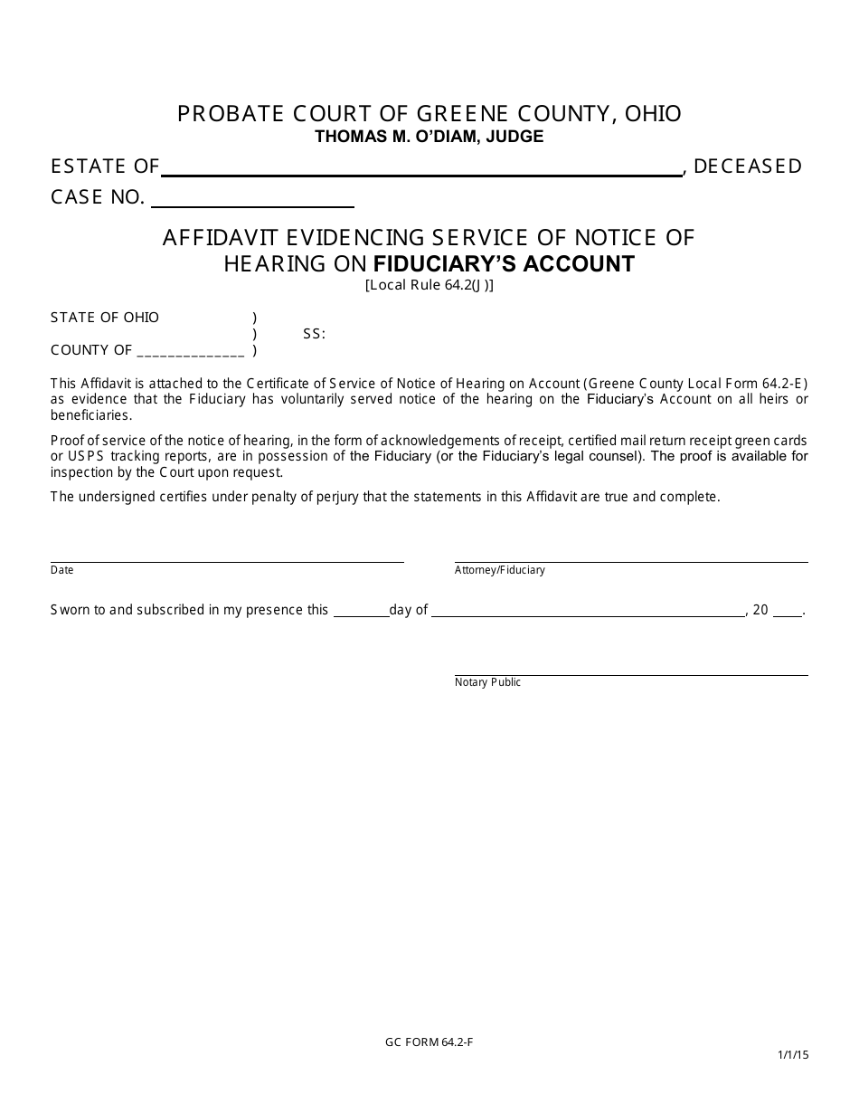 GC Form 64.2-F Affidavit Evidencing Service of Notice of Hearing on Fiduciarys Account - Greene County, Ohio, Page 1