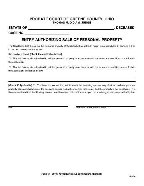 Form 9.1 Entry Authorizing Sale of Personal Property - Greene County, Ohio