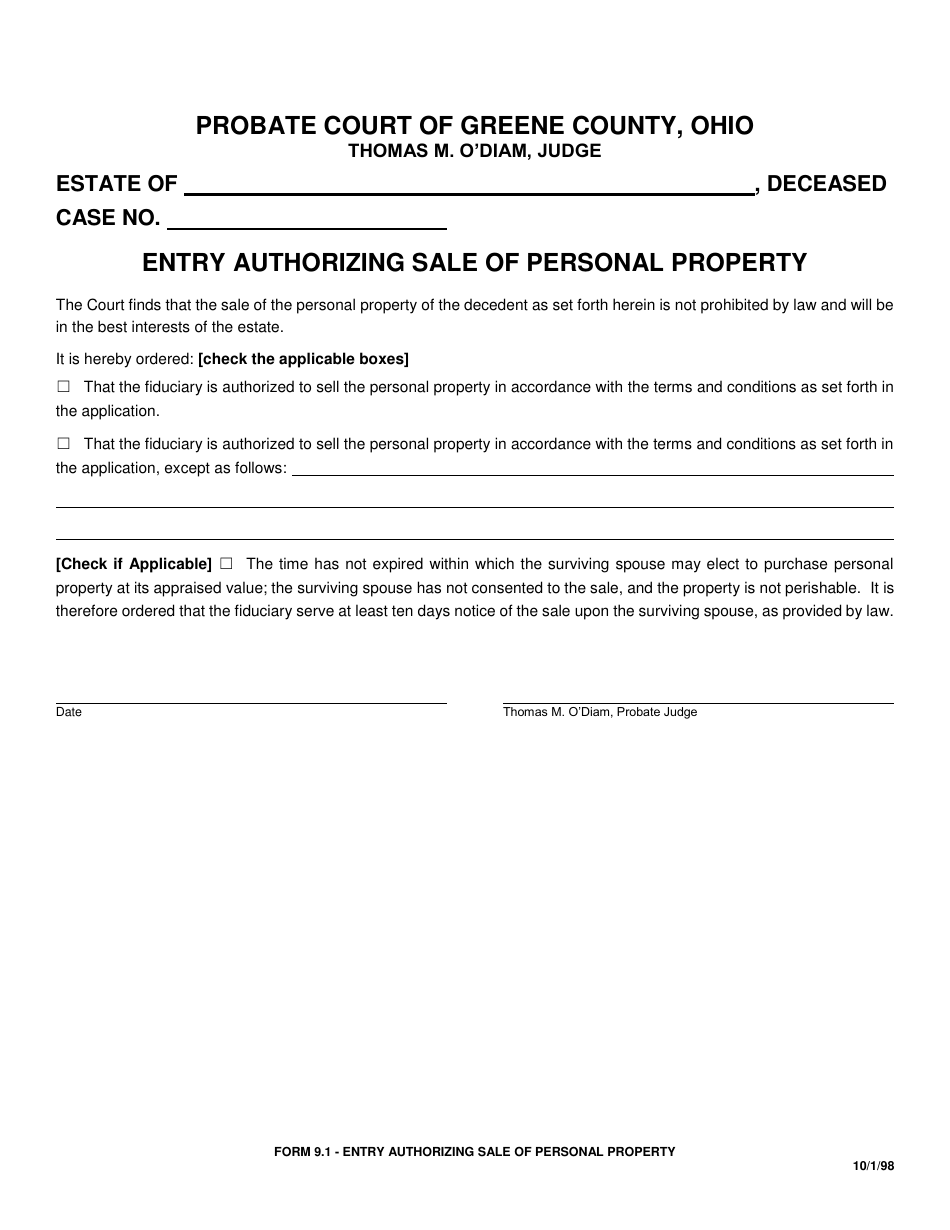 Form 9.1 Entry Authorizing Sale of Personal Property - Greene County, Ohio, Page 1