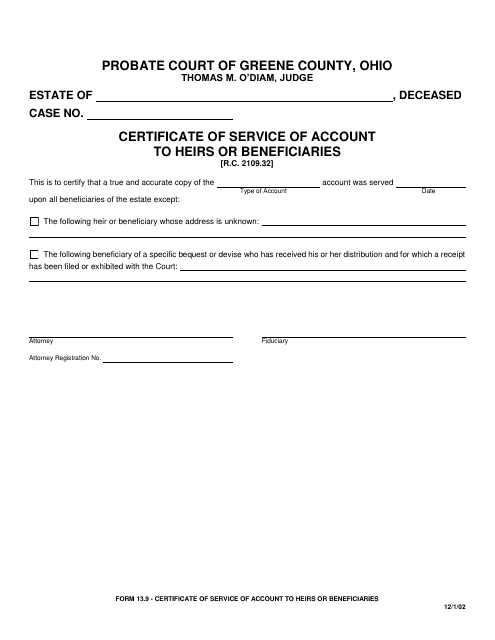 Form 13.9 Certificate of Service of Account to Heirs or Beneficiaries - Greene County, Ohio