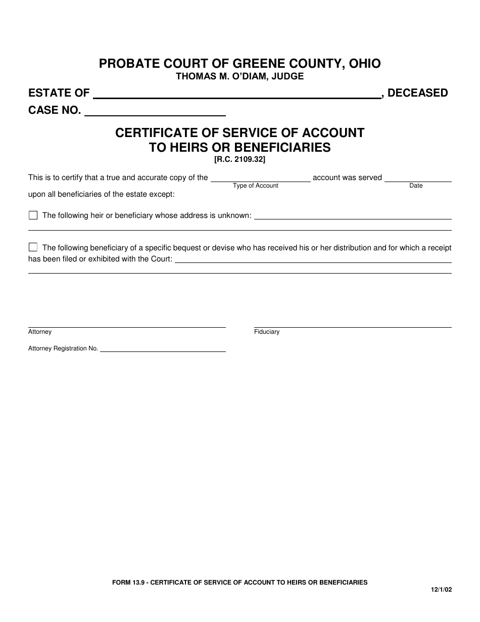 Form 13.9 Certificate of Service of Account to Heirs or Beneficiaries - Greene County, Ohio, Page 1
