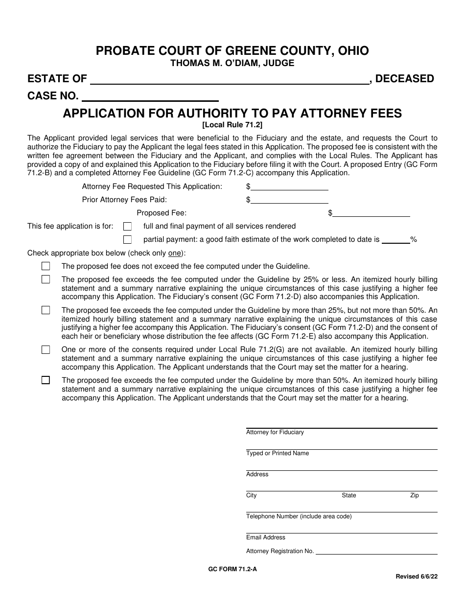 GC Form 71.2-A Application for Authority to Pay Attorney Fees - Greene County, Ohio, Page 1