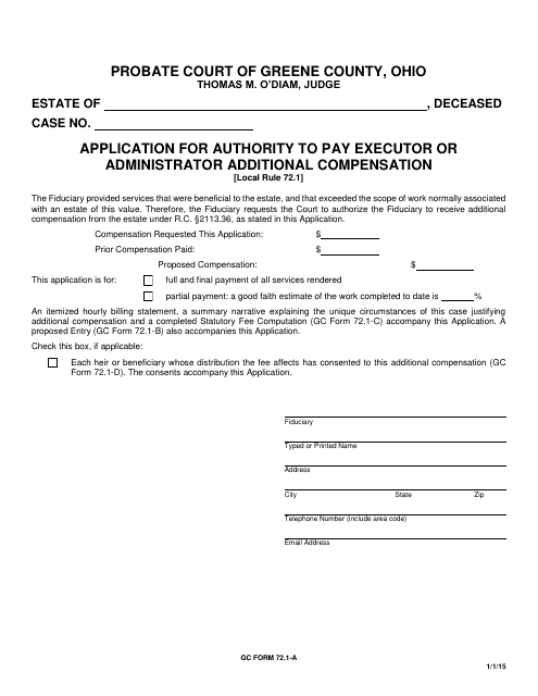 GC Form 72.1-A Application for Authority to Pay Executor or Administrator Additional Compensation - Greene County, Ohio