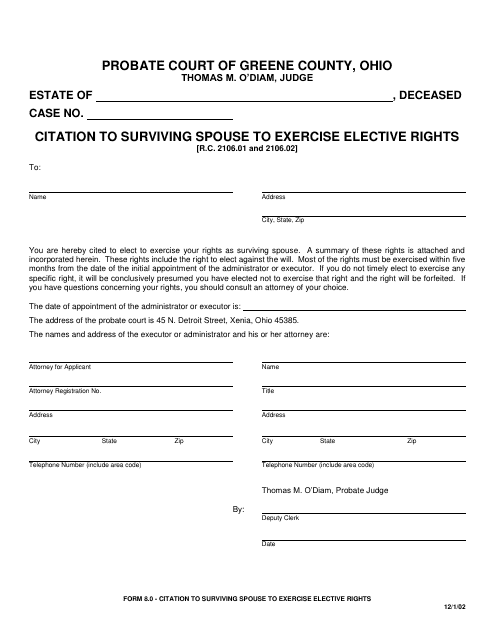 Form 8.0 Citation to Surviving Spouse to Exercise Elective Rights - Greene County, Ohio