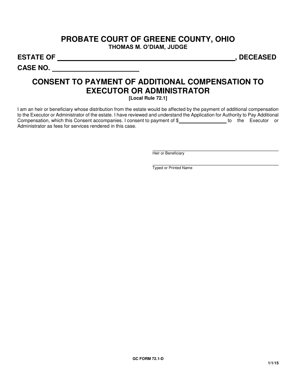 GC Form 72.1-D Consent to Payment of Additional Compensation to Executor or Administrator - Greene County, Ohio, Page 1