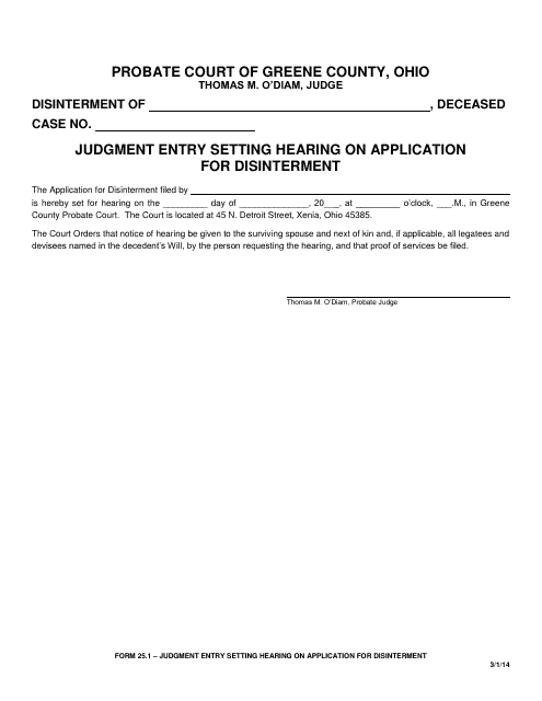 Form 25.1 Judgment Entry Setting Hearing on Application for Disinterment - Greene County, Ohio