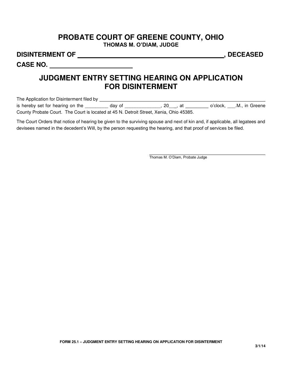 Form 25.1 Judgment Entry Setting Hearing on Application for Disinterment - Greene County, Ohio, Page 1