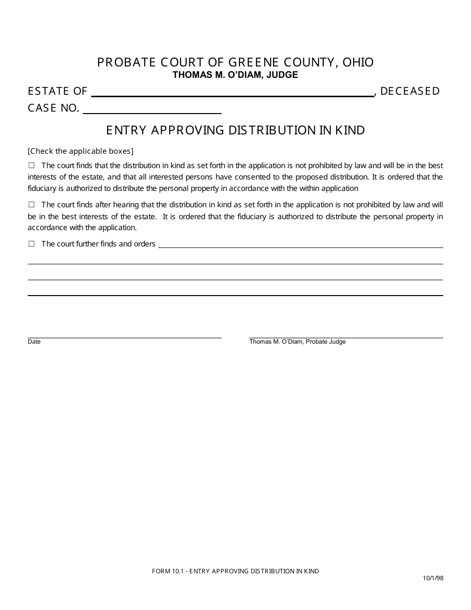 Form 10.1 Entry Approving Distribution in Kind - Greene County, Ohio, Page 1
