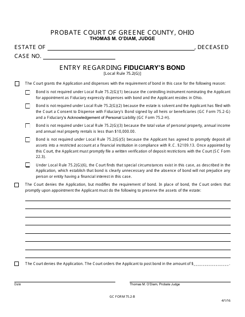 GC Form 75.2-B Entry Regarding Fiduciary's Bond - Greene County, Ohio