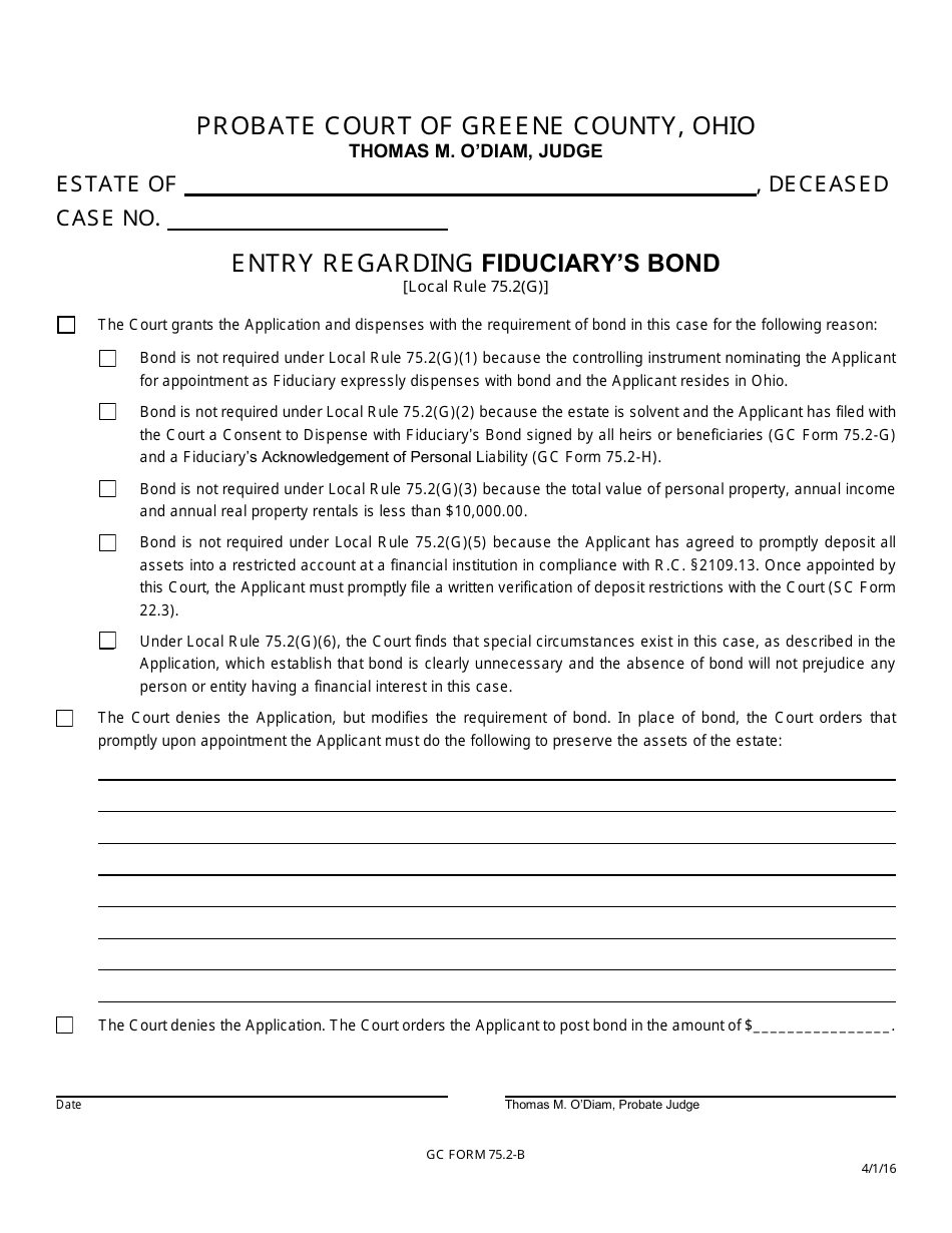 GC Form 75.2-B Entry Regarding Fiduciarys Bond - Greene County, Ohio, Page 1