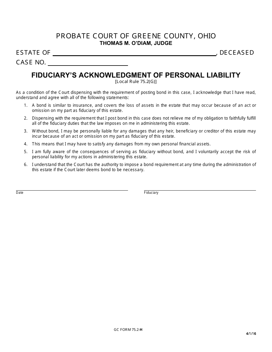 GC Form 75.2-H Fiduciarys Acknowledgment of Personal Liability - Greene County, Ohio, Page 1