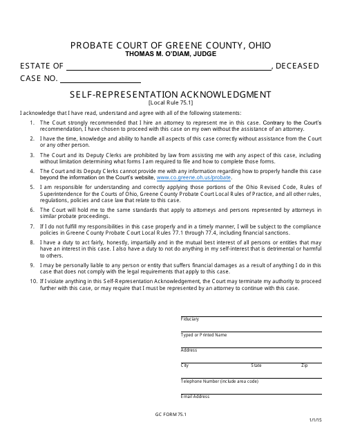 GC Form 75.1 Self-representation Acknowledgment - Estate Administration - Greene County, Ohio