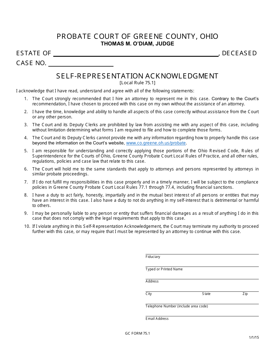 GC Form 75.1 Self-representation Acknowledgment - Estate Administration - Greene County, Ohio, Page 1
