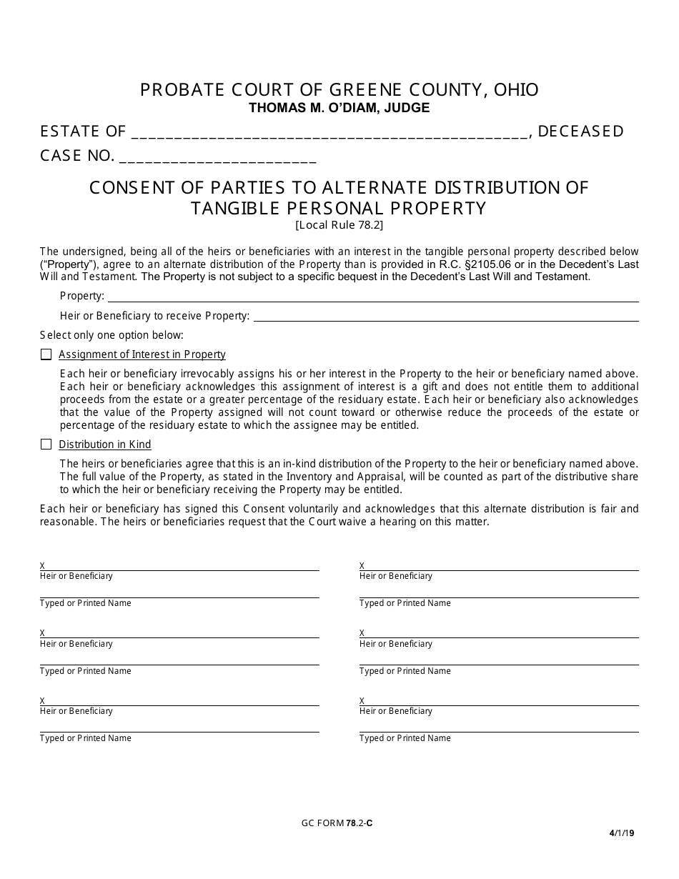 GC Form 78.2-C Consent of Parties to Alternate Distribution of Tangible Personal Property - Greene County, Ohio, Page 1