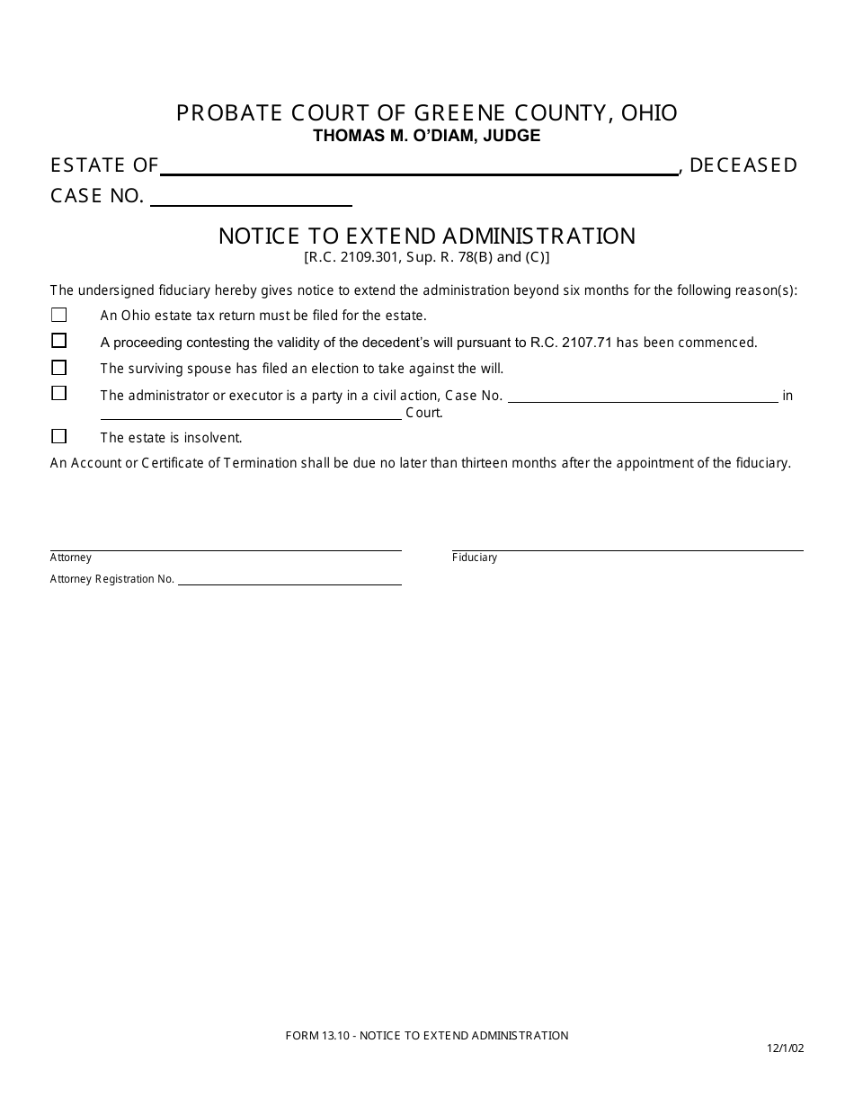 Form 13.10 Notice to Extend Administration - Greene County, Ohio, Page 1