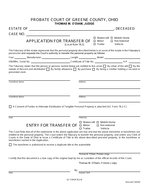 GC Form 78.2-B Application for Transfer of Watercraft Etc. - Greene County, Ohio