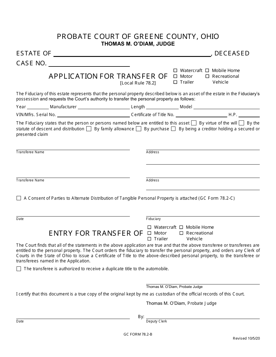 GC Form 78.2-B Application for Transfer of Watercraft Etc. - Greene County, Ohio, Page 1