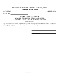 Document preview: GC Form 78.2-F Entry of Appearance, Waiver of Notice of Hearing and Consent to Abandon Real Property - Greene County, Ohio