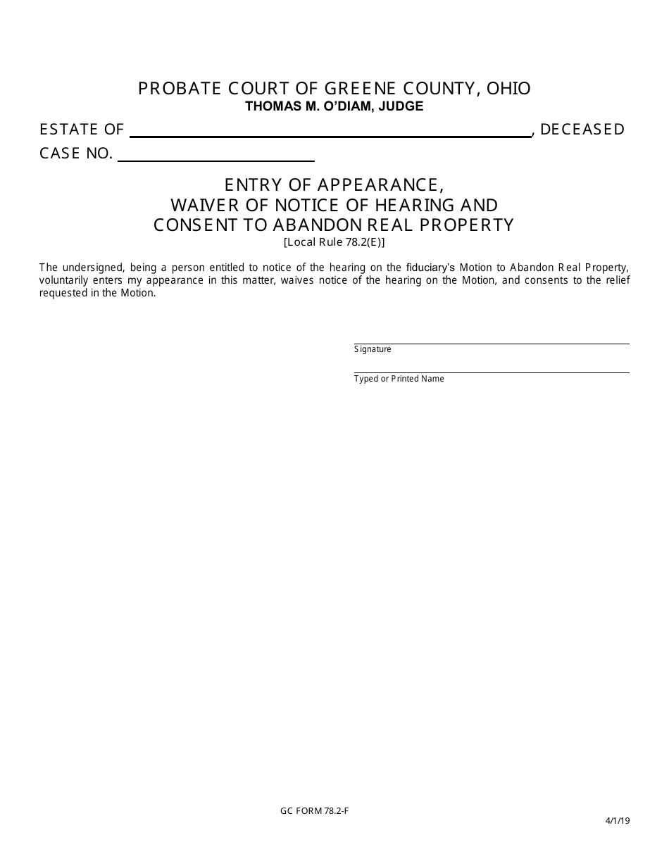 GC Form 78.2-F Entry of Appearance, Waiver of Notice of Hearing and Consent to Abandon Real Property - Greene County, Ohio, Page 1
