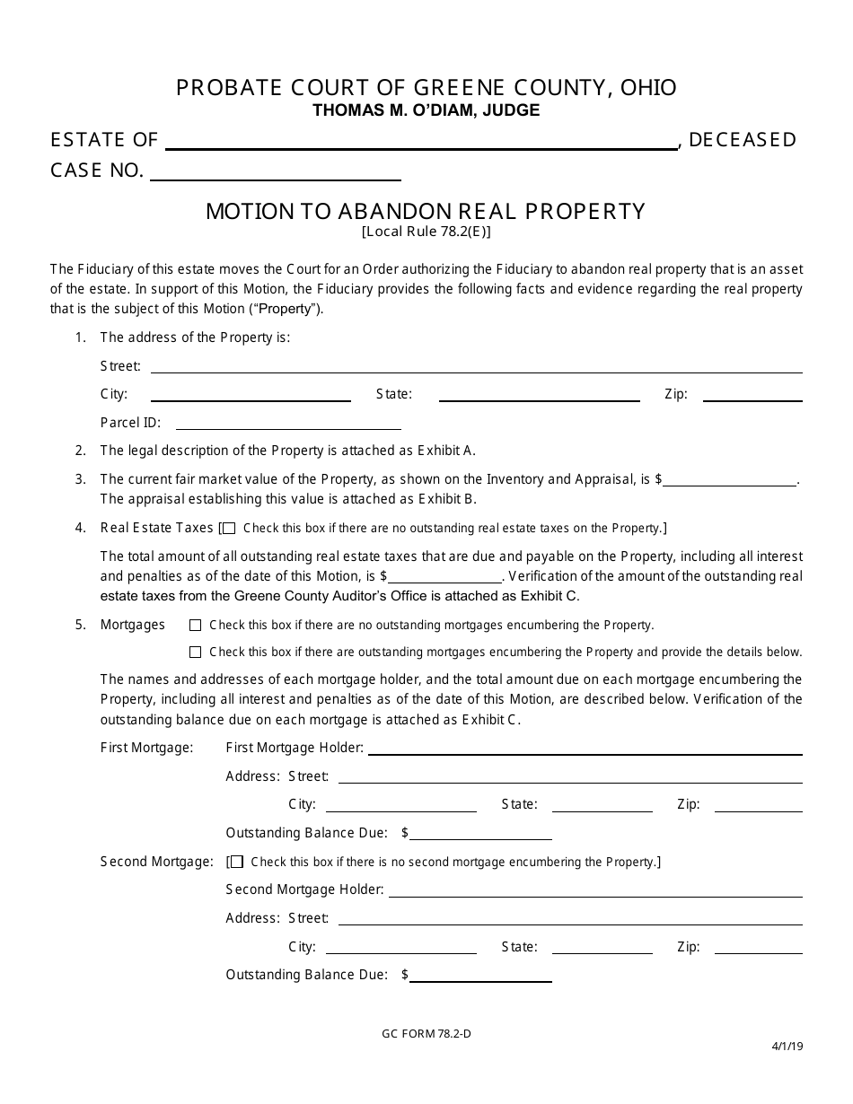 GC Form 78.2-D Motion to Abandon Real Property - Greene County, Ohio, Page 1