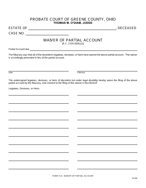 Form 13.4 Waiver of Partial Account - Greene County, Ohio