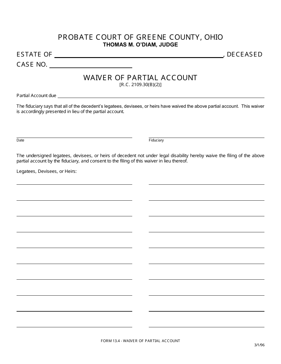 Form 13.4 Waiver of Partial Account - Greene County, Ohio, Page 1