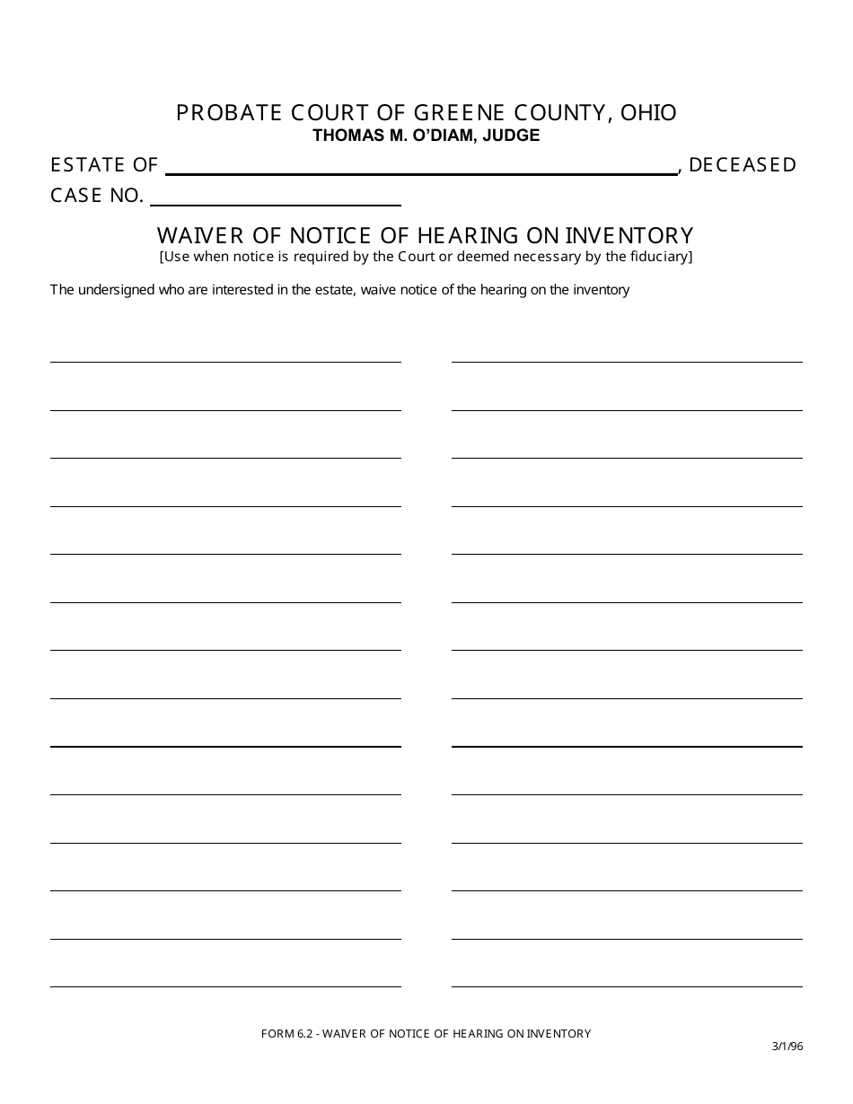 Form 6.2 Waiver of Notice of Hearing on Inventory - Greene County, Ohio, Page 1
