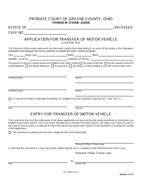 GC Form 78.2-A Application for Transfer of Motor Vehicle - Greene County, Ohio