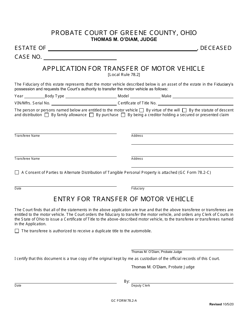 GC Form 78.2-A Application for Transfer of Motor Vehicle - Greene County, Ohio, Page 1
